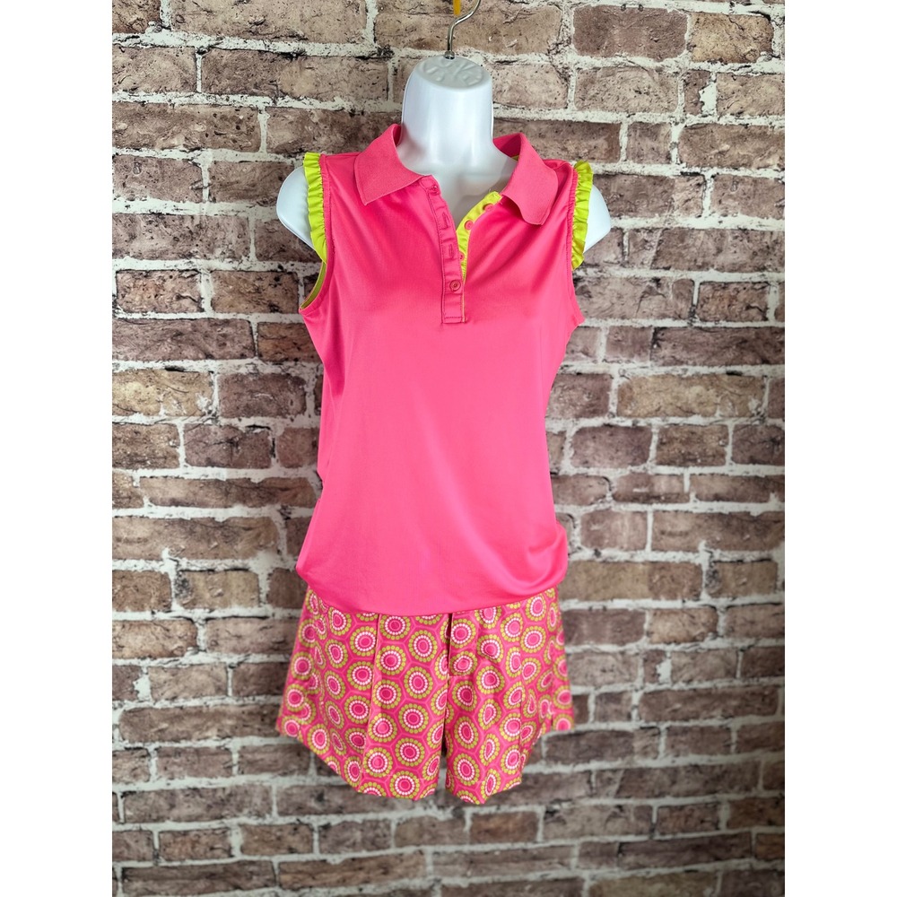 Birdies and Bows Womens Pink Lime Green Ruffle Golf Polo and Shorts Set Small - Picture 2 of 16
